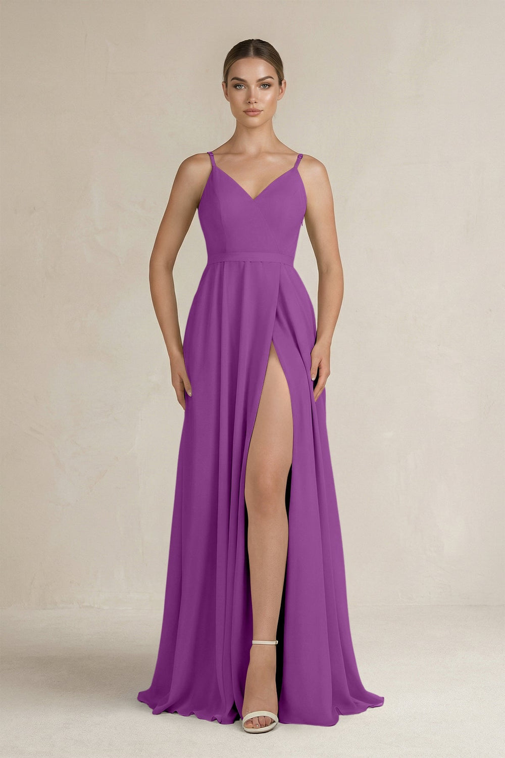 Ruched A - Line Chiffon Bridesmaid Dress with Slit in Amethyst - KissProm Bridesmaid Dresses