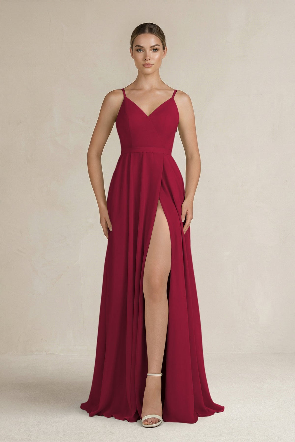 Ruched A - Line Chiffon Bridesmaid Dress with Slit in Berry - KissProm Bridesmaid Dresses