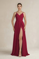 Ruched A - Line Chiffon Bridesmaid Dress with Slit in Berry - KissProm Bridesmaid Dresses
