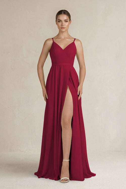 Ruched A - Line Chiffon Bridesmaid Dress with Slit in Berry - KissProm Bridesmaid Dresses