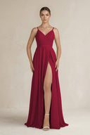 Ruched A - Line Chiffon Bridesmaid Dress with Slit in Berry - KissProm Bridesmaid Dresses