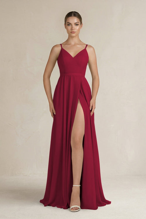 Ruched A - Line Chiffon Bridesmaid Dress with Slit in Berry - KissProm Bridesmaid Dresses