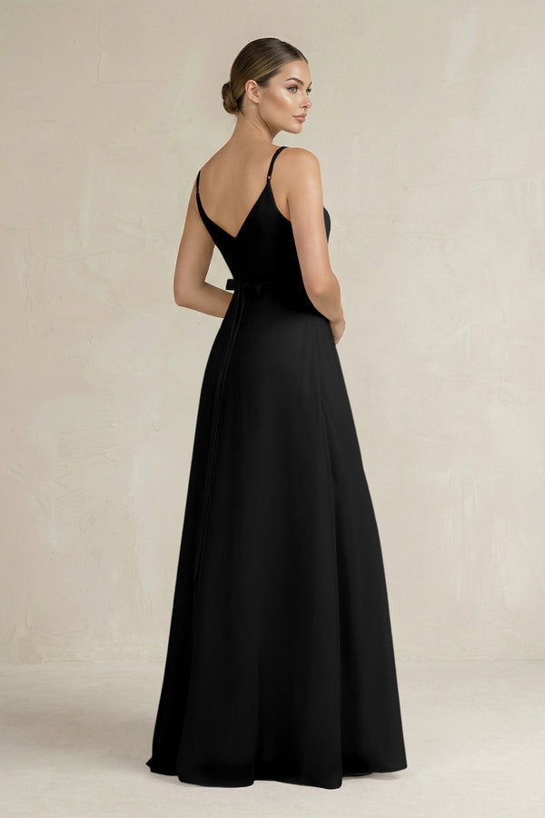 Ruched A - Line Chiffon Bridesmaid Dress with Slit in Black - KissProm Bridesmaid Dresses