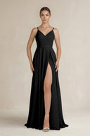 Ruched A - Line Chiffon Bridesmaid Dress with Slit in Black - KissProm Bridesmaid Dresses