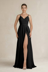 Ruched A - Line Chiffon Bridesmaid Dress with Slit in Black - KissProm Bridesmaid Dresses