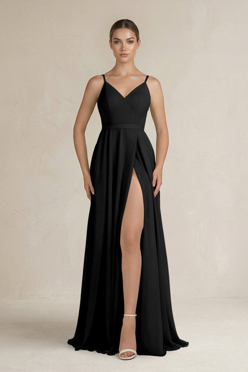 Ruched A - Line Chiffon Bridesmaid Dress with Slit in Black - KissProm Bridesmaid Dresses