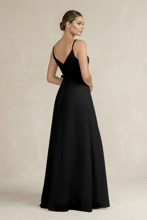 Ruched A - Line Chiffon Bridesmaid Dress with Slit in Black - KissProm Bridesmaid Dresses