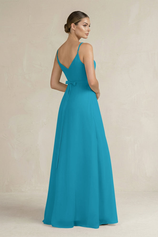 Ruched A - Line Chiffon Bridesmaid Dress with Slit in Blue Jay - KissProm Bridesmaid Dresses