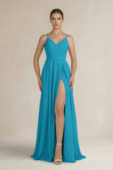Ruched A - Line Chiffon Bridesmaid Dress with Slit in Blue Jay - KissProm Bridesmaid Dresses