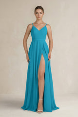 Ruched A - Line Chiffon Bridesmaid Dress with Slit in Blue Jay - KissProm Bridesmaid Dresses
