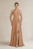 Ruched A - Line Chiffon Bridesmaid Dress with Slit in Bronzer - KissProm Bridesmaid Dresses