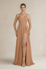 Ruched A - Line Chiffon Bridesmaid Dress with Slit in Bronzer - KissProm Bridesmaid Dresses