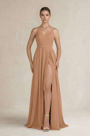 Ruched A - Line Chiffon Bridesmaid Dress with Slit in Bronzer - KissProm Bridesmaid Dresses