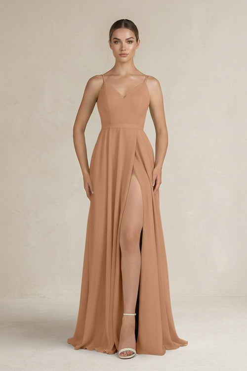 Ruched A - Line Chiffon Bridesmaid Dress with Slit in Bronzer - KissProm Bridesmaid Dresses