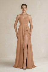 Ruched A - Line Chiffon Bridesmaid Dress with Slit in Bronzer - KissProm Bridesmaid Dresses