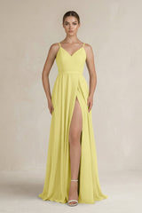 Ruched A - Line Chiffon Bridesmaid Dress with Slit in Buttercup - KissProm Bridesmaid Dresses