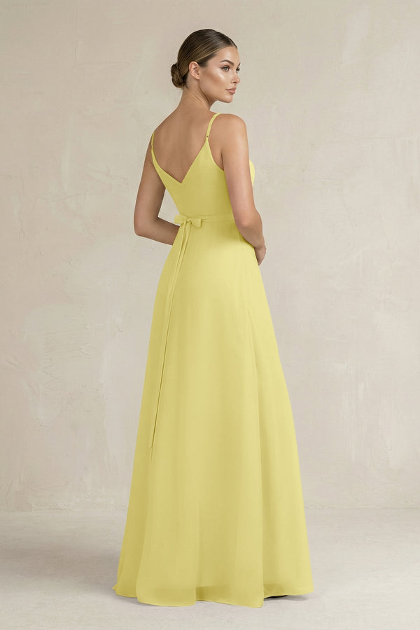 Ruched A - Line Chiffon Bridesmaid Dress with Slit in Buttercup - KissProm Bridesmaid Dresses