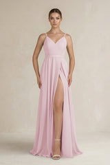 Ruched A - Line Chiffon Bridesmaid Dress with Slit in Candy Pink - KissProm Bridesmaid Dresses