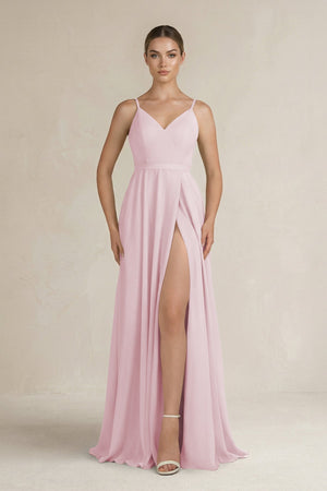 Ruched A - Line Chiffon Bridesmaid Dress with Slit in Candy Pink - KissProm Bridesmaid Dresses