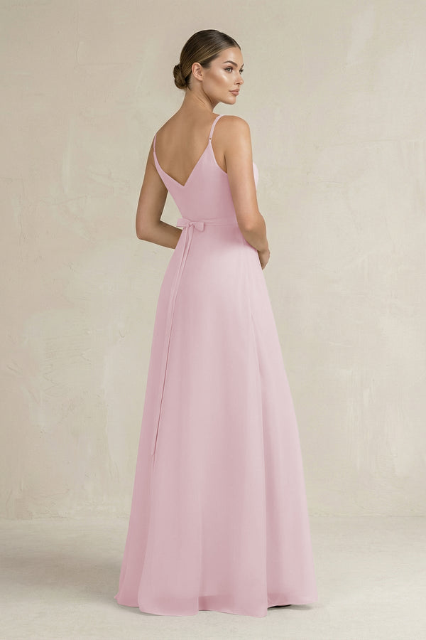 Ruched A - Line Chiffon Bridesmaid Dress with Slit in Candy Pink - KissProm Bridesmaid Dresses