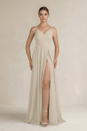 Ruched A - Line Chiffon Bridesmaid Dress with Slit in Champagne - KissProm Bridesmaid Dresses