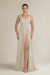 Ruched A - Line Chiffon Bridesmaid Dress with Slit in Champagne - KissProm Bridesmaid Dresses