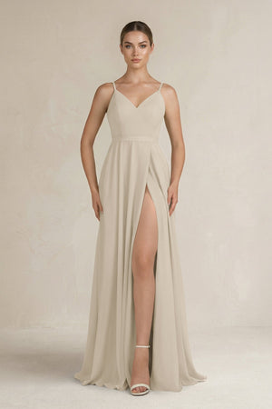 Ruched A - Line Chiffon Bridesmaid Dress with Slit in Champagne - KissProm Bridesmaid Dresses