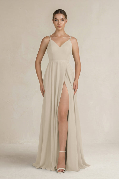 Ruched A - Line Chiffon Bridesmaid Dress with Slit in Champagne - KissProm Bridesmaid Dresses
