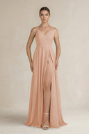 Ruched A - Line Chiffon Bridesmaid Dress with Slit in Champagne Rose - KissProm Bridesmaid Dresses