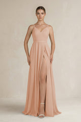 Ruched A - Line Chiffon Bridesmaid Dress with Slit in Champagne Rose - KissProm Bridesmaid Dresses