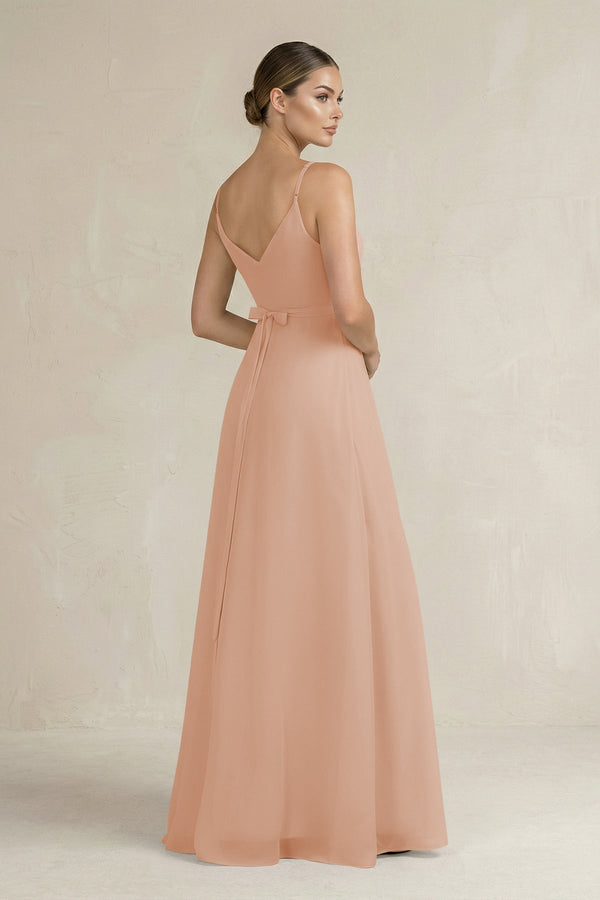 Ruched A - Line Chiffon Bridesmaid Dress with Slit in Champagne Rose - KissProm Bridesmaid Dresses