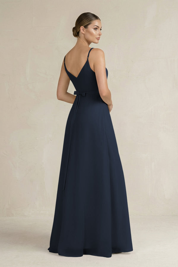Ruched A - Line Chiffon Bridesmaid Dress with Slit in Dark Navy - KissProm Bridesmaid Dresses