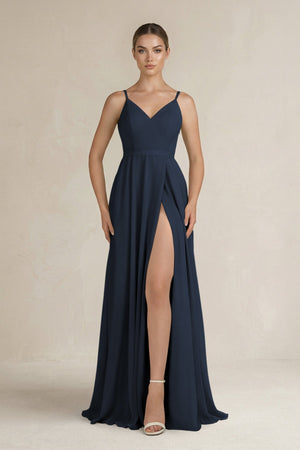Ruched A - Line Chiffon Bridesmaid Dress with Slit in Dark Navy - KissProm Bridesmaid Dresses