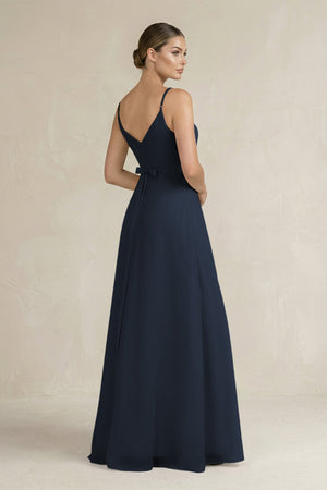Ruched A - Line Chiffon Bridesmaid Dress with Slit in Dark Navy - KissProm Bridesmaid Dresses
