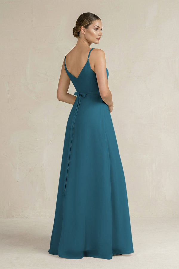 Ruched A - Line Chiffon Bridesmaid Dress with Slit in Dark Teal - KissProm Bridesmaid Dresses