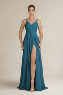 Ruched A - Line Chiffon Bridesmaid Dress with Slit in Dark Teal - KissProm Bridesmaid Dresses