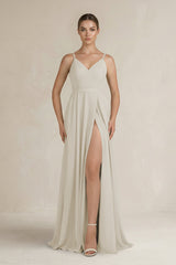 Ruched A - Line Chiffon Bridesmaid Dress with Slit in Dove Gray - KissProm Bridesmaid Dresses