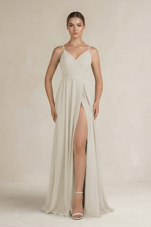 Ruched A - Line Chiffon Bridesmaid Dress with Slit in Dove Gray - KissProm Bridesmaid Dresses