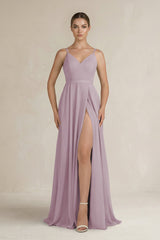 Ruched A - Line Chiffon Bridesmaid Dress with Slit in Dusk - KissProm Bridesmaid Dresses