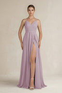 Ruched A - Line Chiffon Bridesmaid Dress with Slit in Dusk - KissProm Bridesmaid Dresses