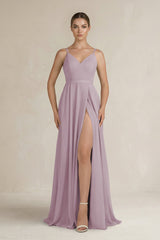 Ruched A - Line Chiffon Bridesmaid Dress with Slit in Dusk - KissProm Bridesmaid Dresses