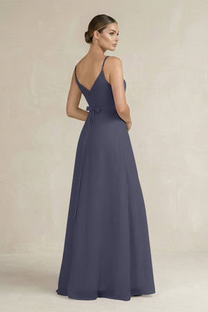Ruched A - Line Chiffon Bridesmaid Dress with Slit in Dusk Blue - KissProm Bridesmaid Dresses