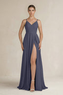 Ruched A - Line Chiffon Bridesmaid Dress with Slit in Dusk Blue - KissProm Bridesmaid Dresses