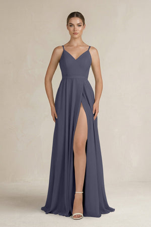 Ruched A - Line Chiffon Bridesmaid Dress with Slit in Dusk Blue - KissProm Bridesmaid Dresses