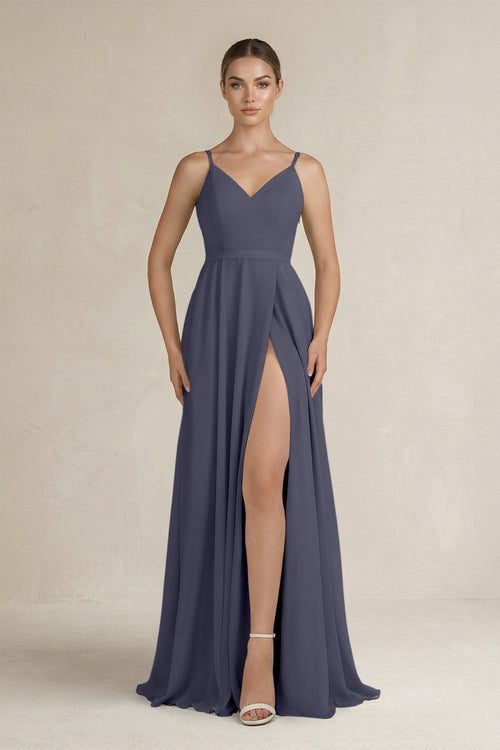Ruched A - Line Chiffon Bridesmaid Dress with Slit in Dusk Blue - KissProm Bridesmaid Dresses