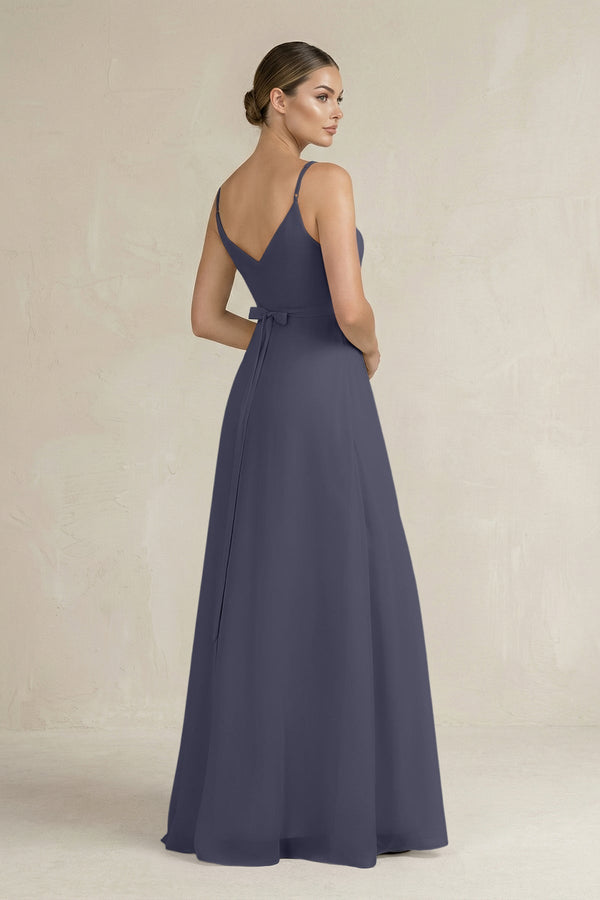 Ruched A - Line Chiffon Bridesmaid Dress with Slit in Dusk Blue - KissProm Bridesmaid Dresses