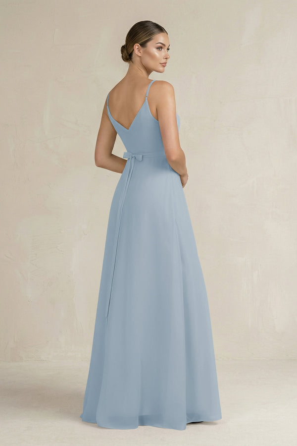 Ruched A - Line Chiffon Bridesmaid Dress with Slit in Dusty Blue - KissProm Bridesmaid Dresses