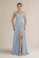 Ruched A - Line Chiffon Bridesmaid Dress with Slit in Dusty Blue - KissProm Bridesmaid Dresses