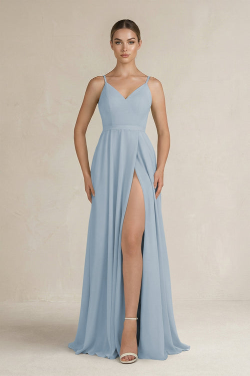 Ruched A - Line Chiffon Bridesmaid Dress with Slit in Dusty Blue - KissProm Bridesmaid Dresses