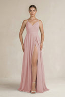 Ruched A - Line Chiffon Bridesmaid Dress with Slit in Dusty Rose - KissProm Bridesmaid Dresses